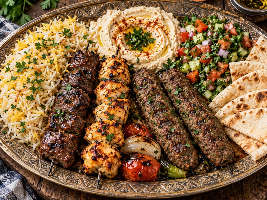 Mixed grill platter with kebabs, rice, hummus, and fresh sides